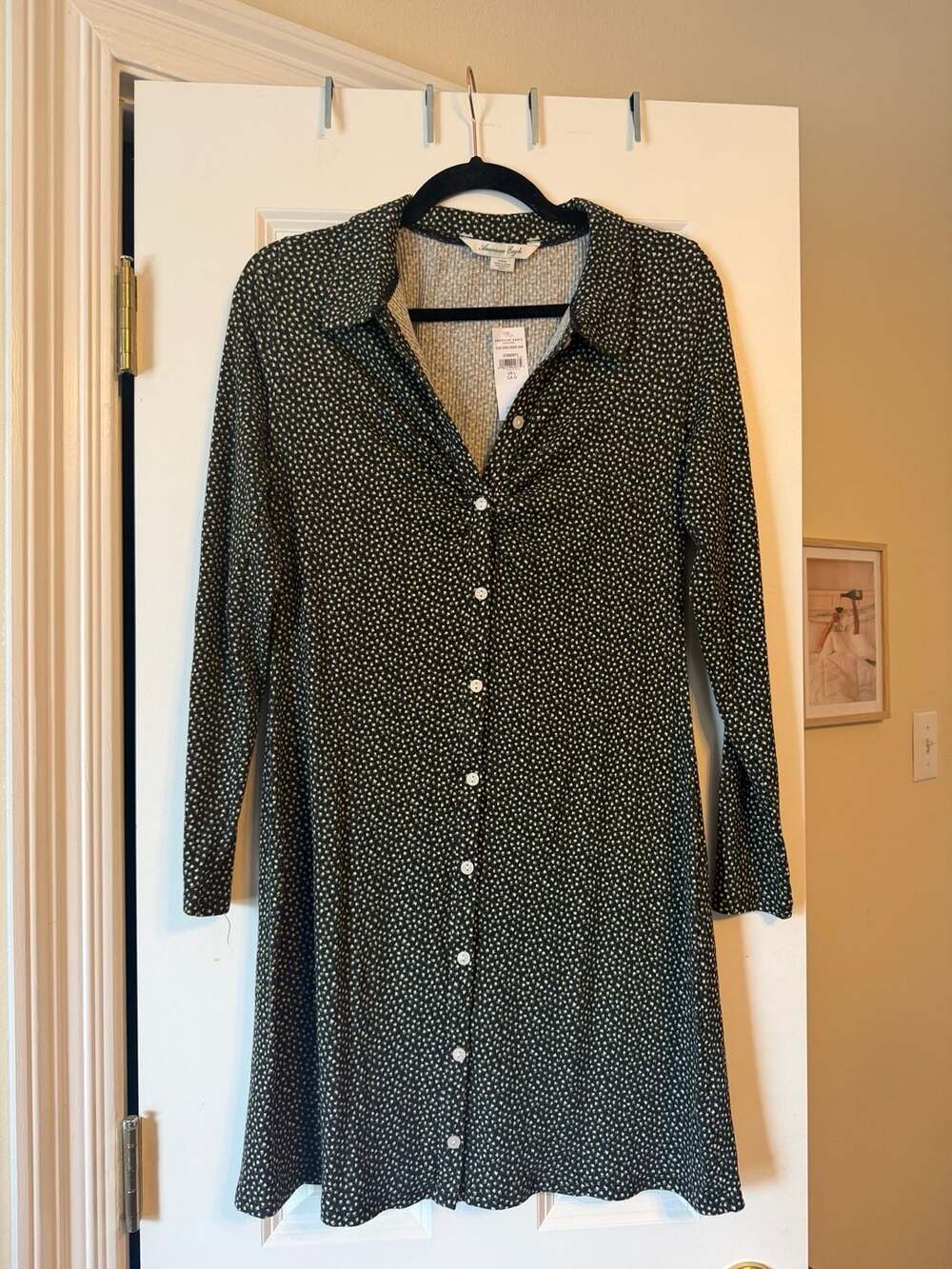 American Eagle Long Sleeve Button-Front Shirt Dress in Green Polka Dot Print
